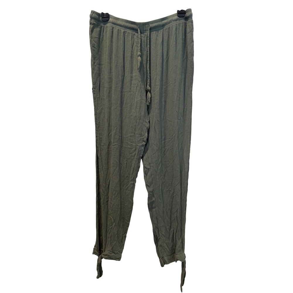 Venus Olive Green‎ Rayon Side Slit Jogger Pants with Tassel Drawstring Large